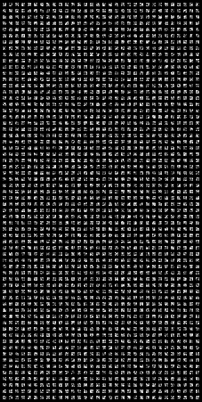 Фильтры третьего свёрточного слоя сети lenet (все 32x64 штуки в ч/б-формате)